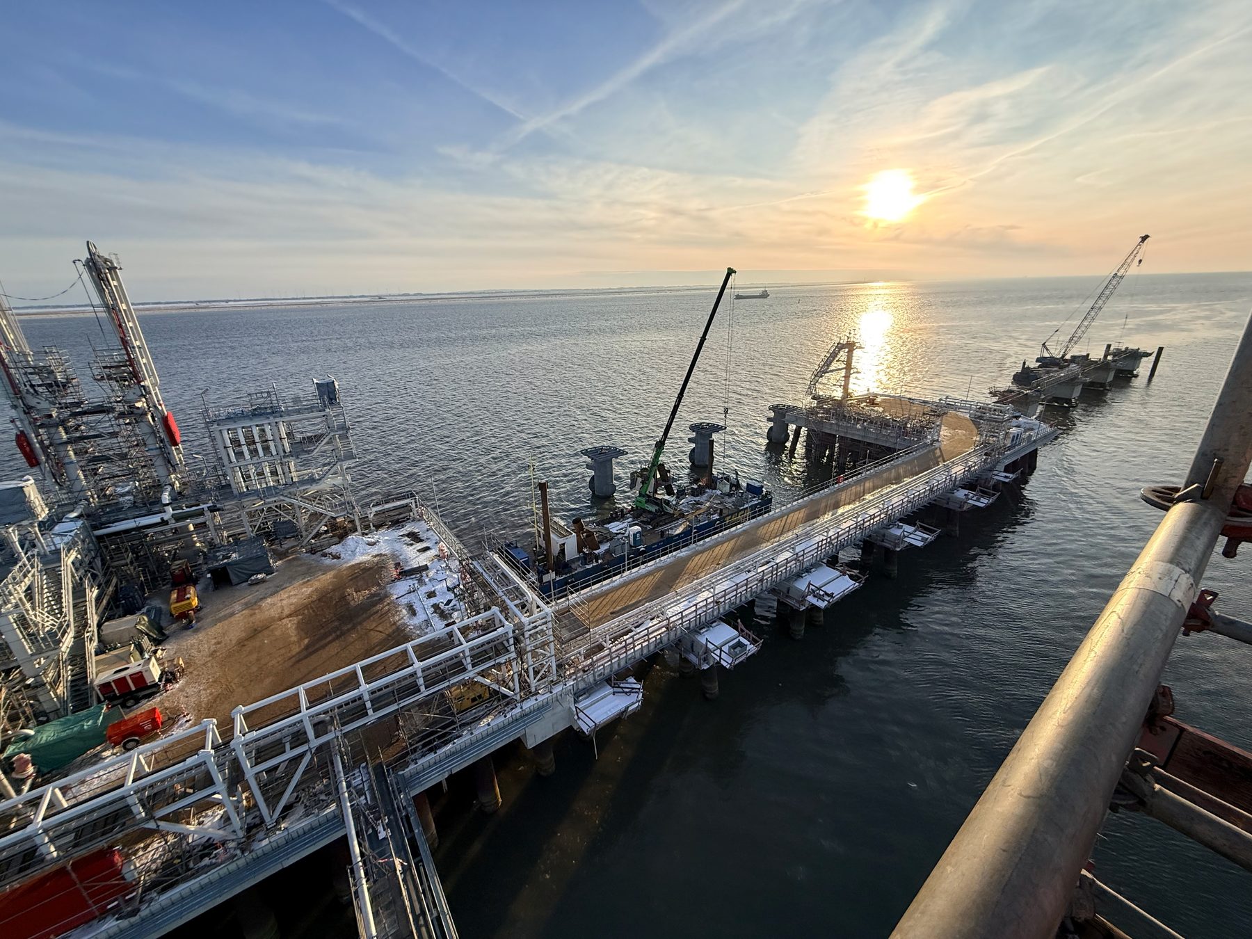 Brunsbüttel LNG jetty under construction at sunset